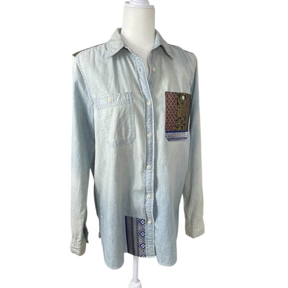 Denim & Supply Ralph Lauren Sandwashed Denim Brocade Boyfriend Shirt Sz Medium - Picture 2 of 13